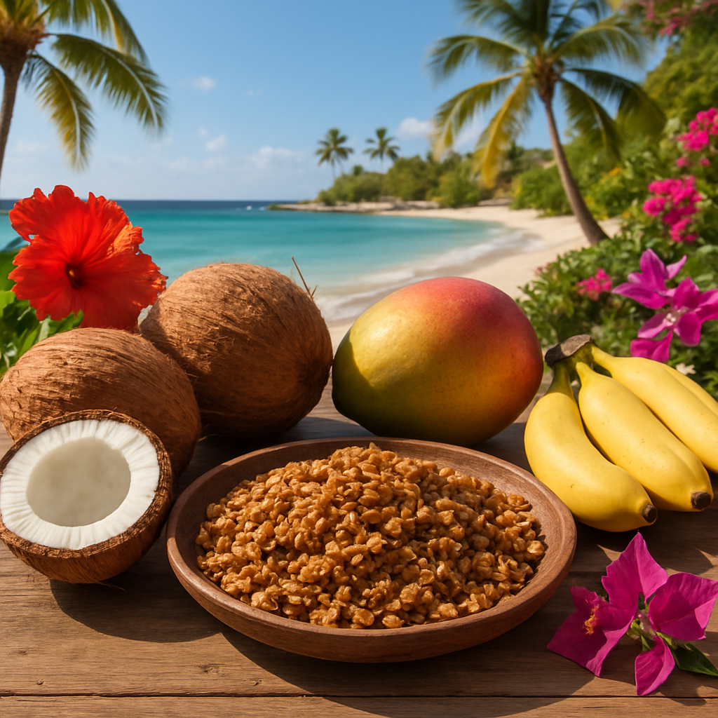 découvrez les saveurs exotiques des îles saint-martin et saint-barthélemy avec notre granola artisanal. un mélange unique d'ingrédients locaux qui évoque le soleil et le rythme des caraïbes, parfait pour un petit-déjeuner énergisant ou une collation saine.