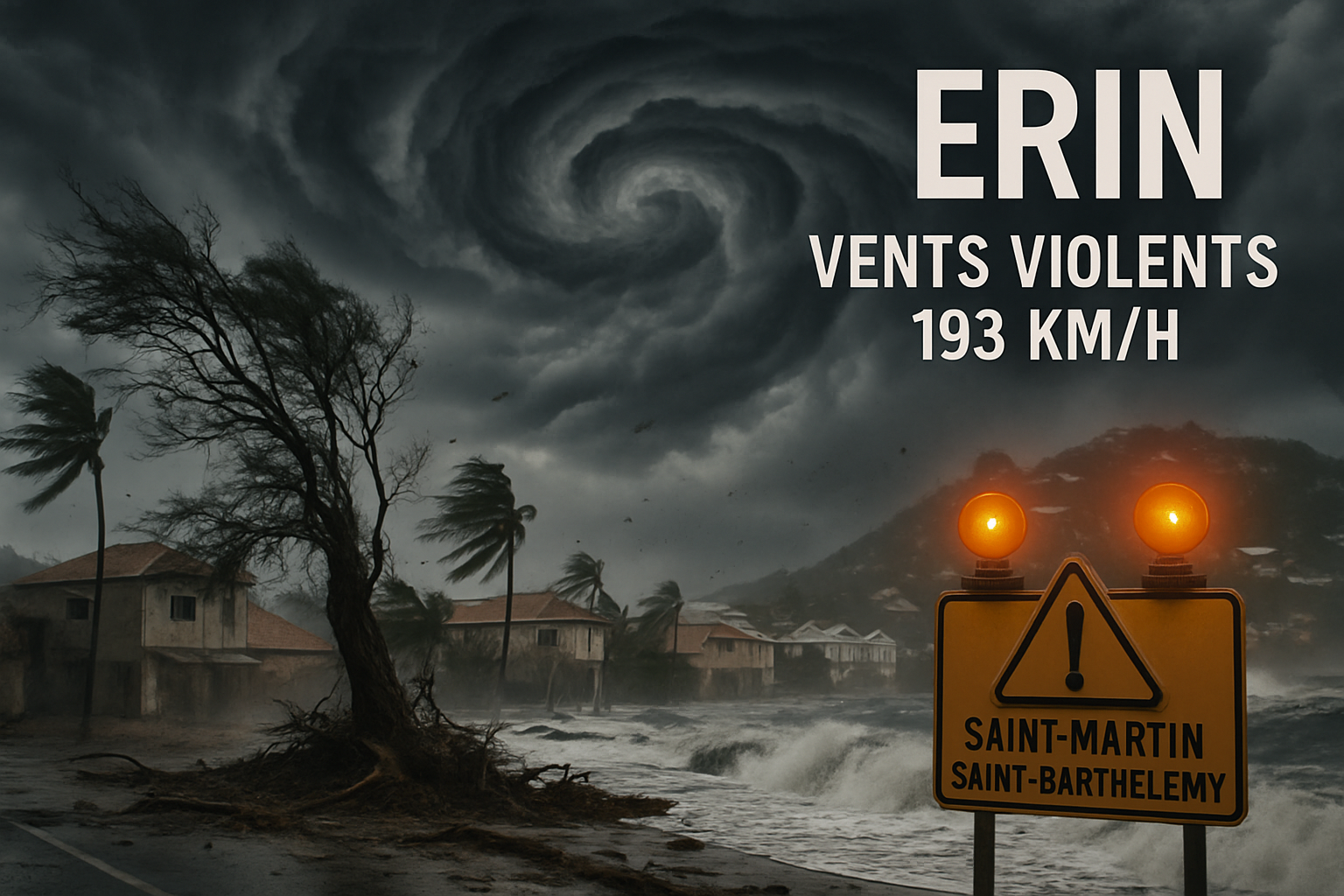 l’ouragan erin, classé catégorie 4, menace saint-martin et saint-barthélemy avec des vents puissants jusqu’à 193 km/h. suivez les dernières alertes et consignes de sécurité pour faire face à cette tempête dévastatrice.